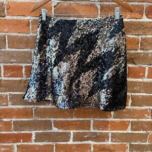 French Connection Black + Silver Sequined Mini Skirt Size US 6 Holiday / NYE